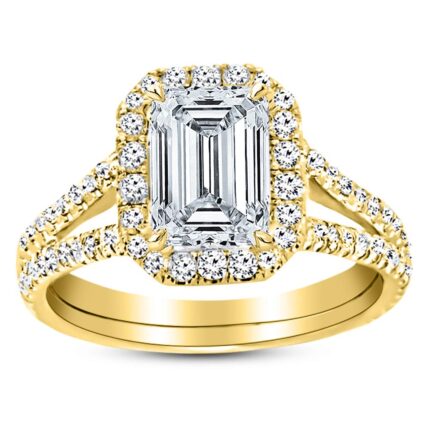14K Yellow Gold 3.75 Carat LAB GROWN DIAMOND Split Shank Emerald Cut Diamond Engagement Ring (D-E Color VS1-VS2 Clarity 3 Ct Center)
