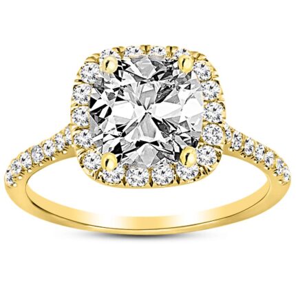 14K Yellow Gold 5.5 Carat LAB GROWN DIAMOND Halo Cushion Cut Diamond Engagement Ring (D-E Color VS1-VS2 Clarity 5 Ct Center)