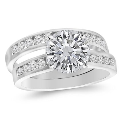 14K White Gold 2.25 Carat LAB GROWN DIAMOND Classic Channel Set Wedding Set Bridal Band & Round Cut Diamond Engagement Ring (G-H Color VS2-SI1 Clarity 1.5 Ct Center)