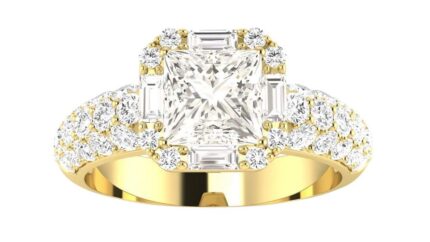 14K Yellow Gold 1.5 Carat LAB GROWN DIAMOND Designer Popular Halo Style Baguette And Pave Set Round Princess Cut Diamond Engagement Ring (E-F Color VS2-SI1 Clarity 0.75 Ct Center)