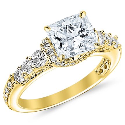 Houston Diamond District LAB GROWN DIAMOND Designer Four Prong Pave Set Round Princess Cut Diamond Engagement Ring (E-F Color VS1-VS2 Clarity) Yellow Gold 1 Carat Center Size-7.5