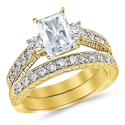 14K Yellow Gold 8 Carat LAB GROWN DIAMOND Three Stone Vintage With Milgrain & Filigree Bridal Set with Wedding Band & Radiant Cut Diamond Engagement Ring (D-E Color VS1-VS2 Clarity 7 Ct Center)