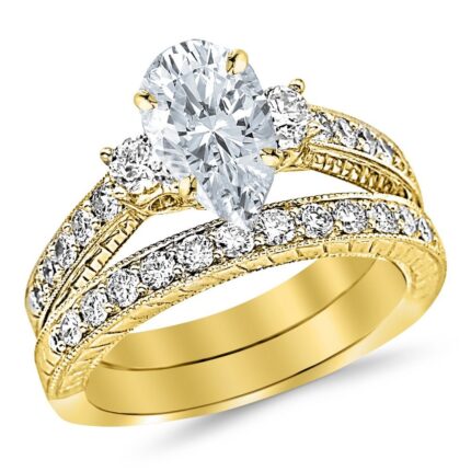 14K Yellow Gold 2 Carat LAB GROWN DIAMOND 3 Stone Vintage With Milgrain & Filigree Bridal Set with Wedding Band & Pear Cut Diamond Engagement Ring (E-F Color VS1-VS2 Clarity 1 Ct Center)