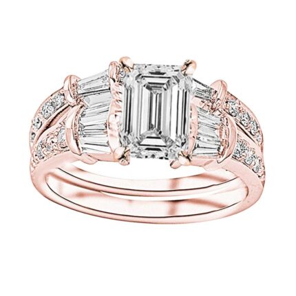 1.15 Ctw 14K Rose Gold Baguette Round Diamond Engagement Ring Wedding Bridal Band Set Emerald Shape (0.4 Ct E Color SI2 Clarity Center Stone)