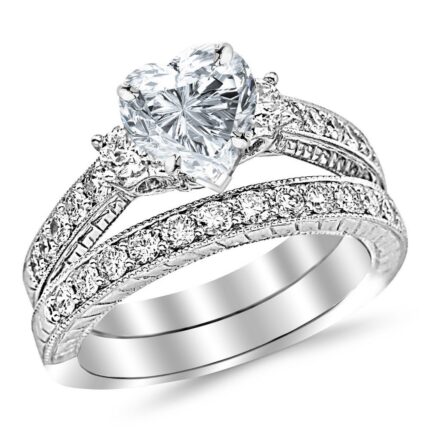 14K White Gold 1.53 CTW Three Stone Vintage With Milgrain & Filigree Bridal Set with Wedding Band & Diamond Engagement Ring w/ 0.5 Ct Heart Cut I Color VS2 Clarity Center
