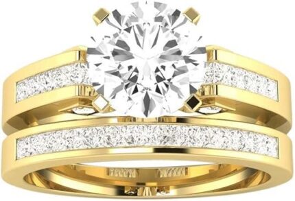 3 Carat Classic Lab 10K Yellow Gold Synthetic Lab Grown Round Channel Set Princess Wedding Bridal Set IGI Certified Diamond Engagement Ring (1 Ct, H-I Color, VS1-VS2 Clarity Center)