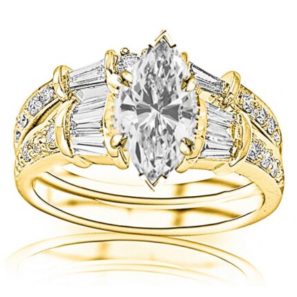 Houston Diamond District 1.58 Carat t.w. GIA Certified Marquise 10K Yellow Gold Baguette And Round Brilliant Engagement Ring and Wedding Band Set (I-J Color VS1-VS2 Clarity Center Stones)
