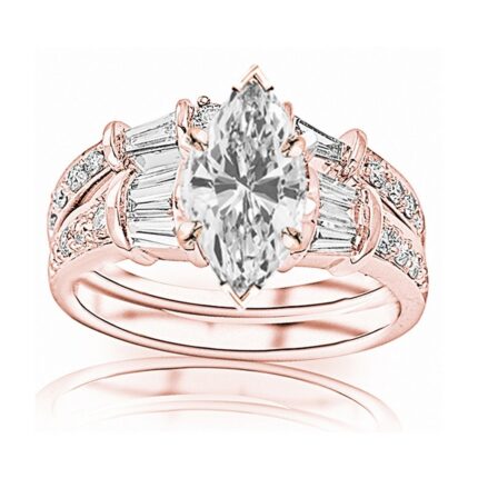 Houston Diamond District 1.58 Carat t.w. GIA Certified Marquise Cut 10K Rose Gold Baguette & Round Brilliant Engagement Ring & Wedding Band Set (I-J Color VS1-VS2 Clarity Center Stone)