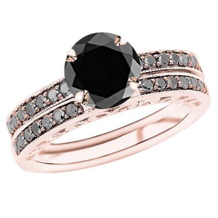 1.02 Carat t.w 14K Rose Gold Pave Set Black Diamond Engagement Ring and Wedding Band Set w/a 0.75 Carat Round Cut Black Diamond Heirloom Quality