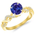 0.63 Carat 14K Yellow Gold Twisting Infinity Gold and Diamond Split Shank Pave Set Diamond Engagement Ring with a 0.5 Carat Natural Blue Sapphire Center (Heirloom Quality)